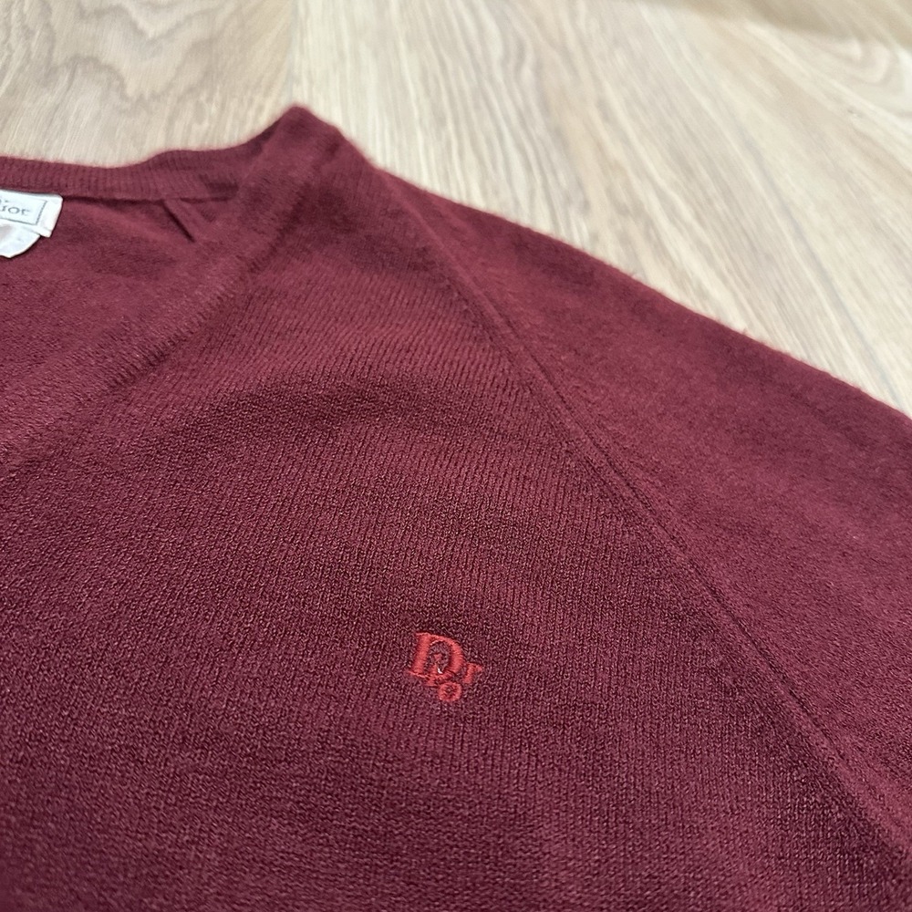 VTG Christian Dior V-Neck Sweater Women's Sz Large Burgundy Logo Preppy Acrylic - Picture 2 of 7